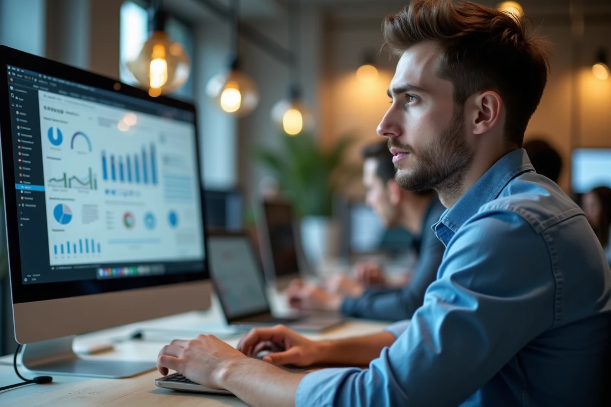Jeune homme regardant un webinar marketing au bureau