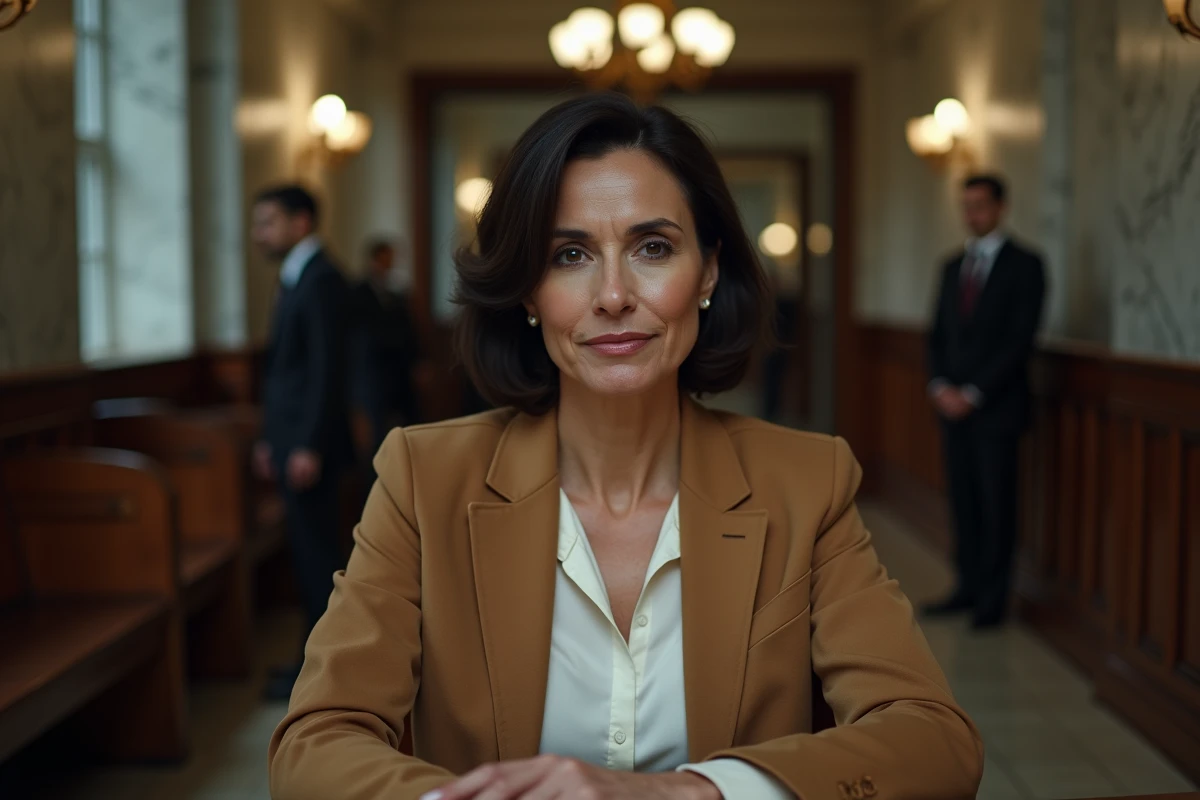 Femme hispanique à l'air déterminé assise dans un couloir de palais de justice, ambiance documentaire