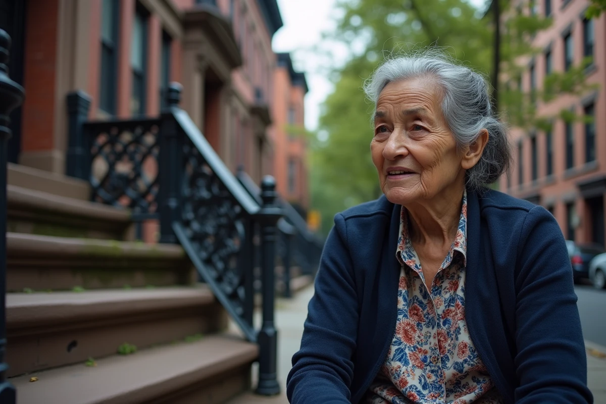 Femme âgée assise sur les marches d'un immeuble de Harlem, portrait éditorial urbain authentique