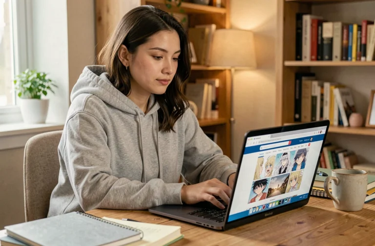 Jeune femme lisant des mangas en ligne sur son ordinateur portable, risques de sécurité des données personnelles