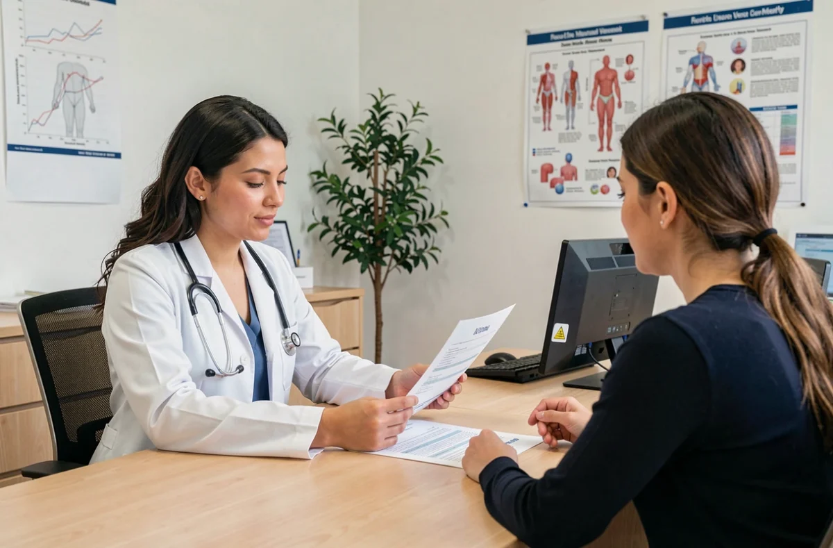 Médecin en consultation discutant des résultats de santé avec une patiente dans un cabinet médical moderne
