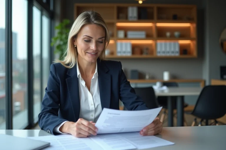 Professionnelle de l'immobilier examinant les mentions légales d'un site web dans un bureau moderne