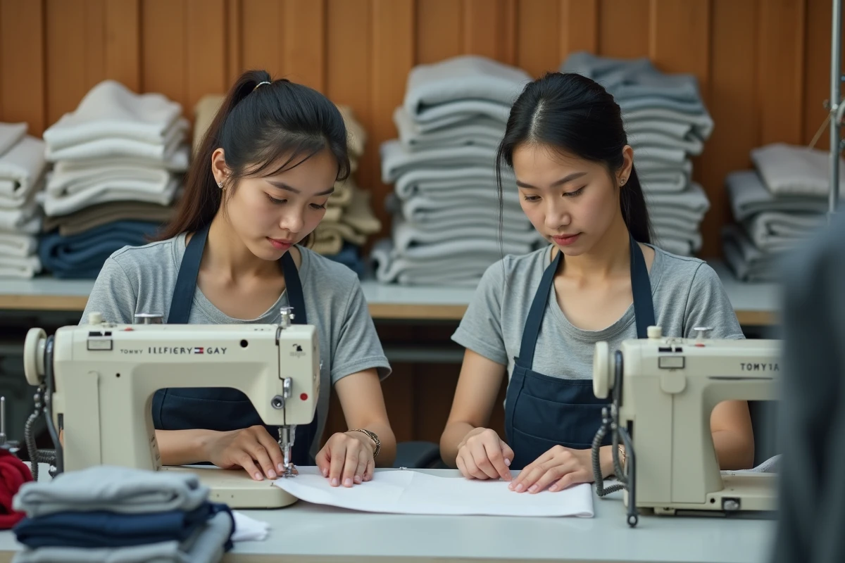 Deux ouvrières cousant des vêtements Tommy Hilfiger sur des machines industrielles dans une usine au Cambodge