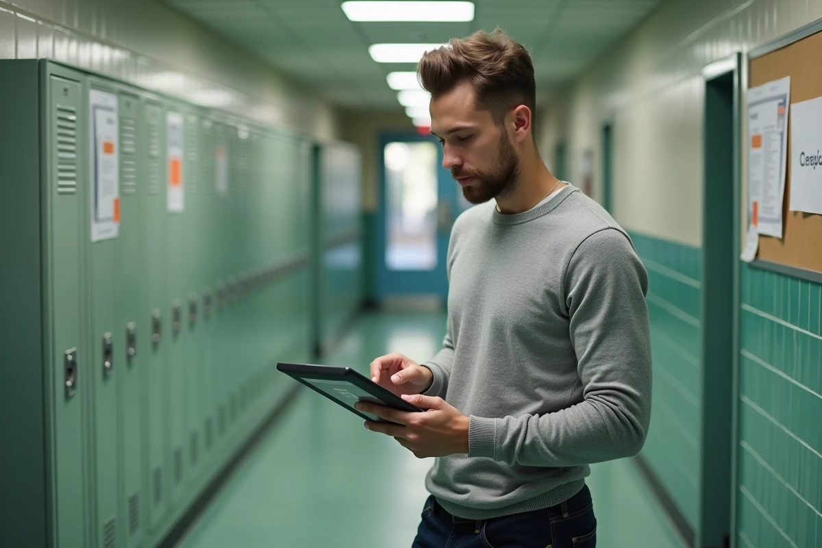Professeur remplaçant consultant le portail Arena sur une tablette dans un couloir d'école