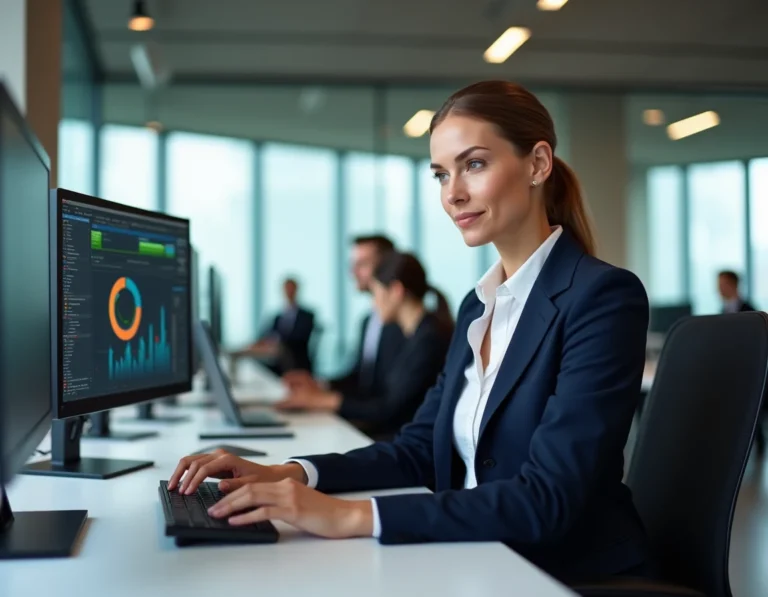 Professionnelle utilisant des solutions informatiques innovantes sur un poste de travail moderne en open space