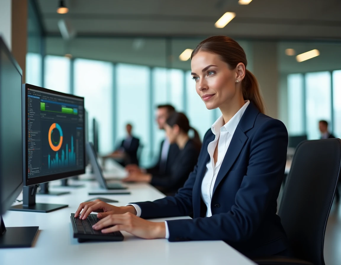 Professionnelle utilisant des solutions informatiques innovantes sur un poste de travail moderne en open space
