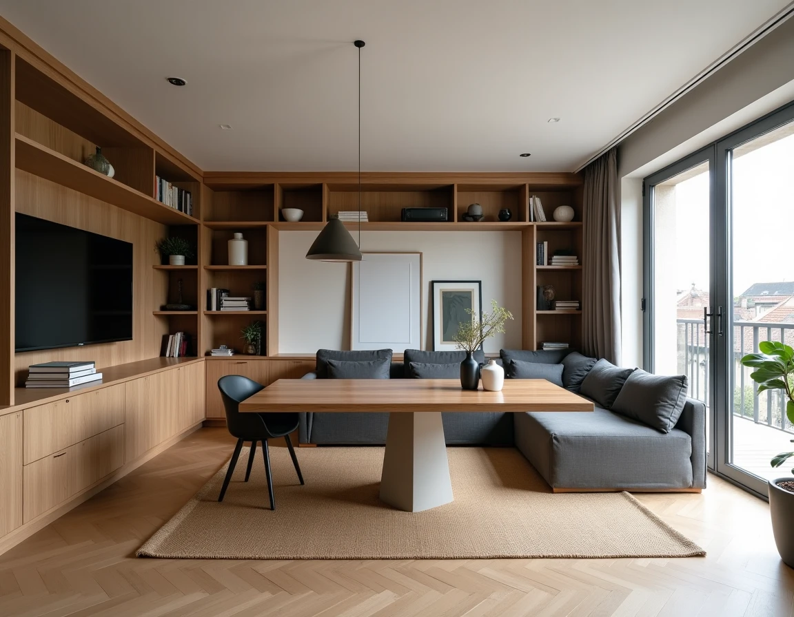 Salon rénové avec mobilier sur mesure et aménagement intérieur contemporain dans un appartement à Rennes