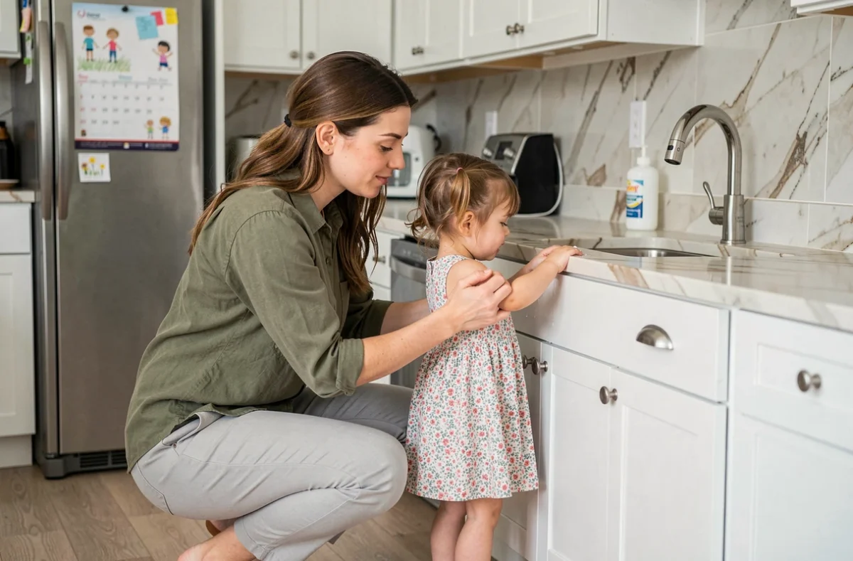 Nounou professionnelle supervisant une jeune fille qui se lave les mains dans une cuisine familiale moderne, illustration de la sécurité à domicile