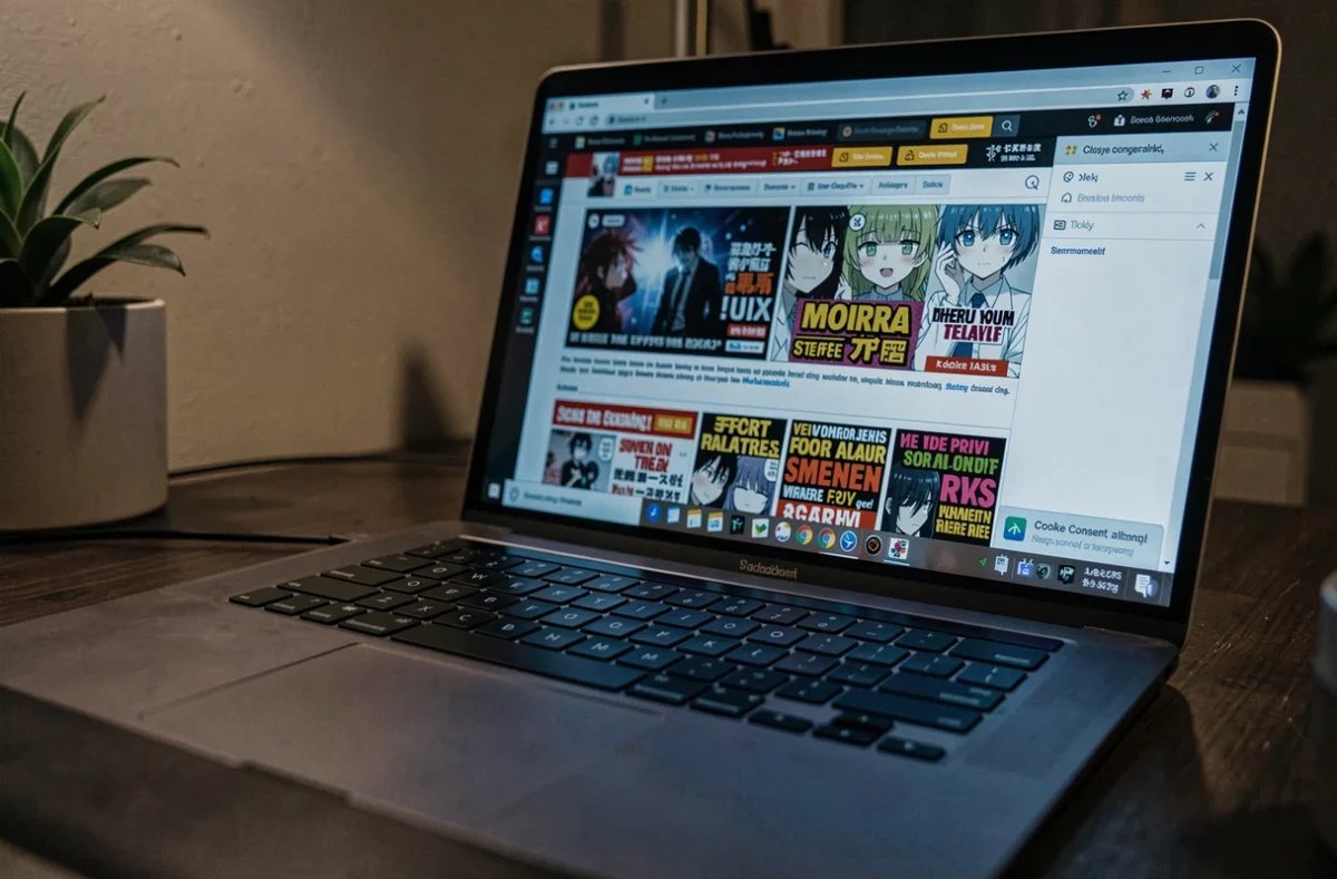 Écran d'ordinateur affichant un site de manga gratuit avec des publicités intrusives et des risques de sécurité pour les données
