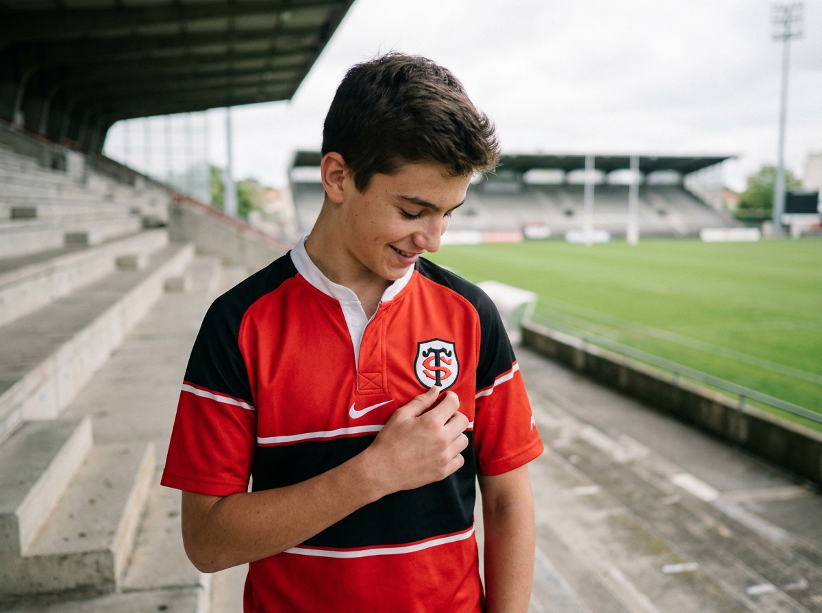 Un jeune supporter portant fièrement le maillot domicile officiel du Stade Toulousain dans les tribunes d'un stade de rugby