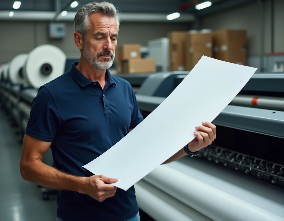 Technicien en imprimerie inspectant une affiche publicitaire grand format fraîchement imprimée dans un atelier de production