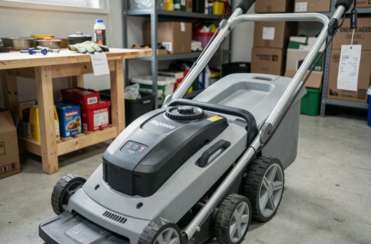 Gros plan sur une tondeuse électrique sans fil avec étiquette de prix et reçu dans un garage