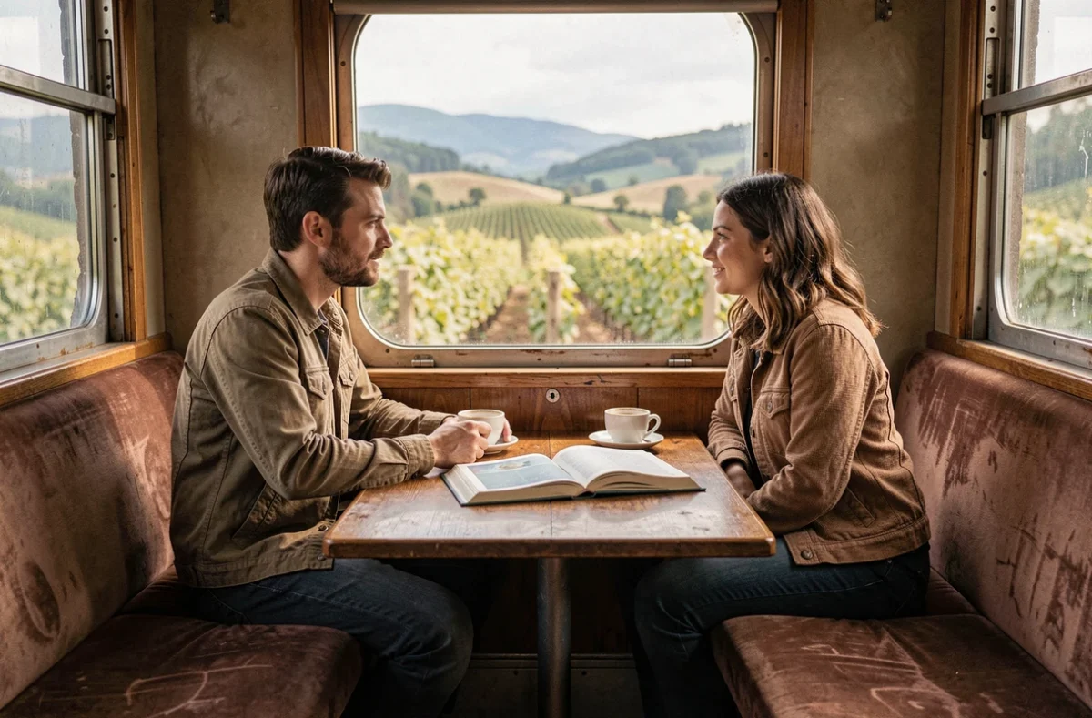 Deux voyageurs partageant un café dans un compartiment de train vintage traversant la campagne viticole européenne